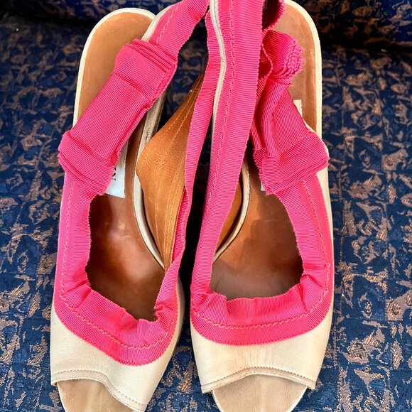 LANVIN Eté 2009 Beige and Pink Canvas Slingback Peep Toe Sandals Size 37.5 - Picture 11 of 15